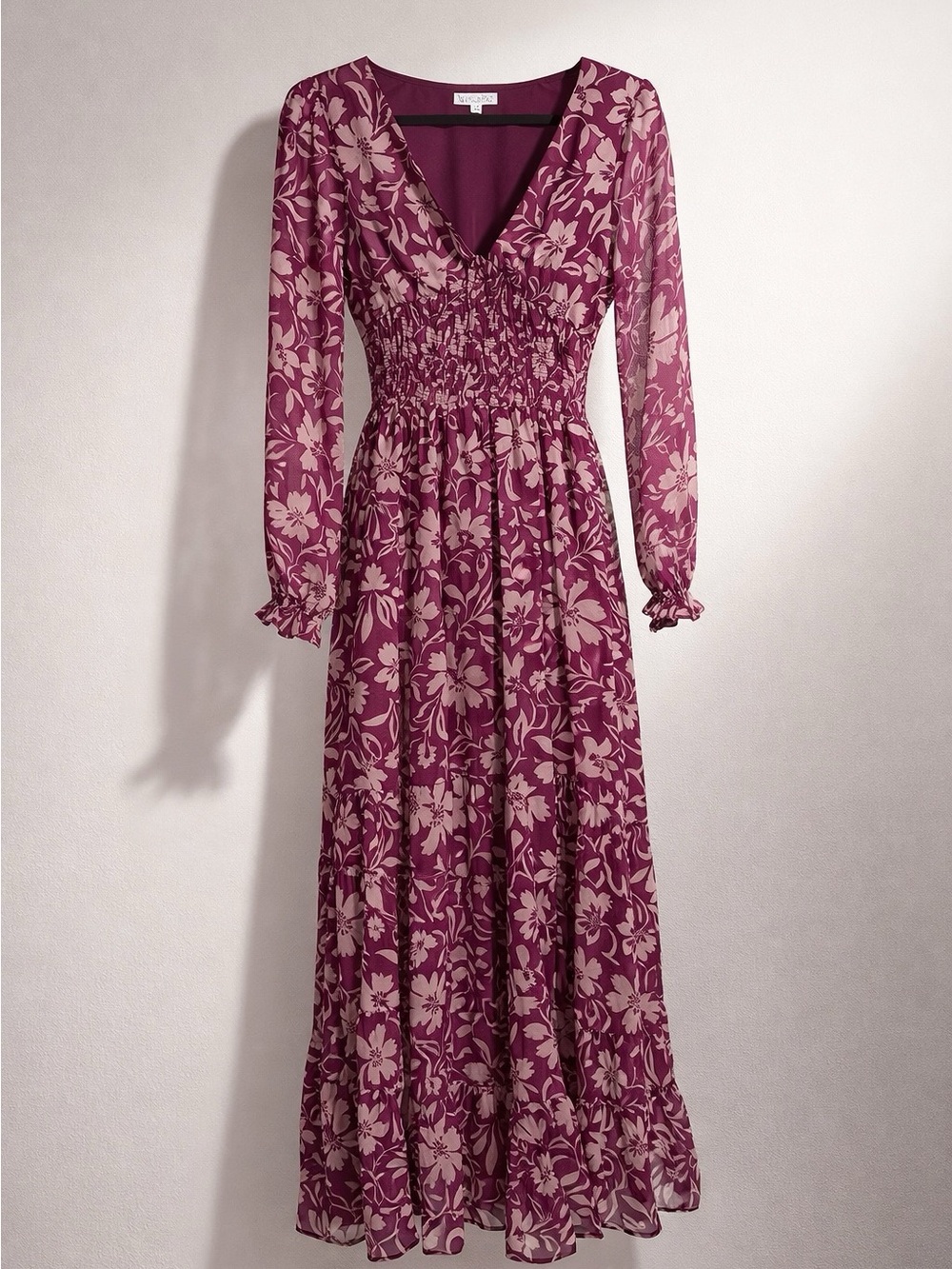Patrons of Peace Berry Floral V‑Neck Shirred Maxi Dress - Picture 2 of 12